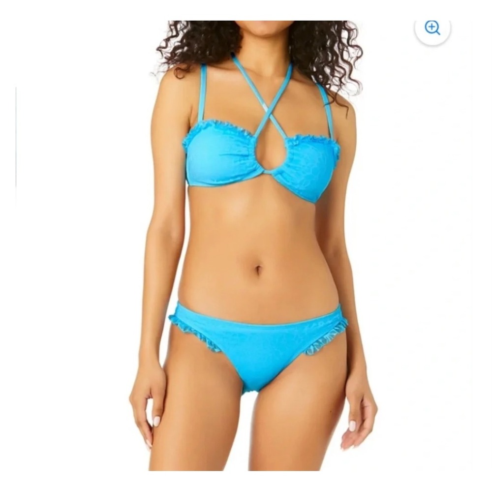 Celebrity Pink Blue Lace Ruffle Trim Halter  Two  Piece Swimsuit  XXL